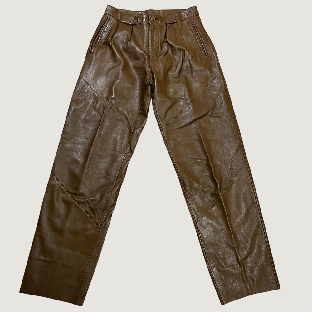 Vintage 90s Saxony Brown Genuine Leather Pleated High Waist Pants 32